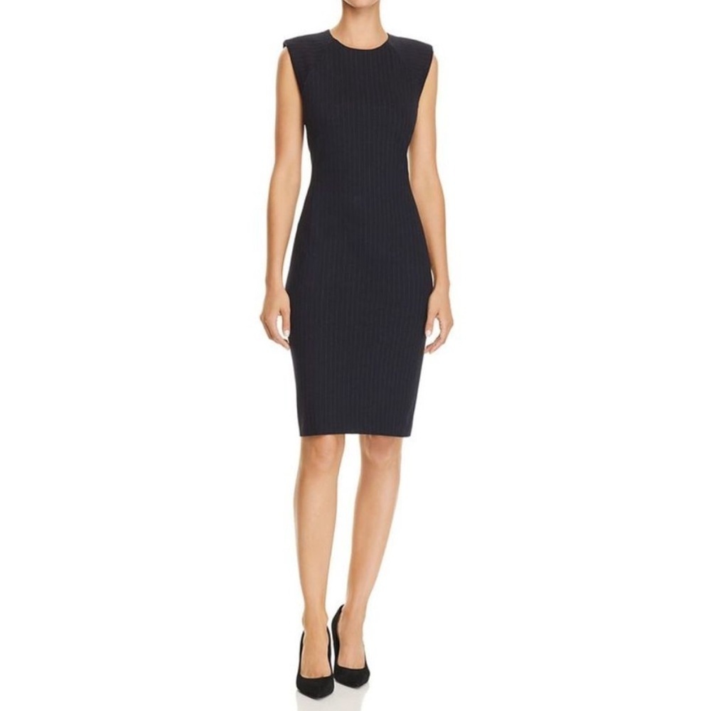 Theory Power Sheath Dress Navy Blue Pin Stripe Fairfield Knit Sleeveless Size 12